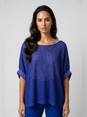 Anthropologie Akemi + Kin Bratton Blue Lace Oversized Boxy Dolman Top XS/S